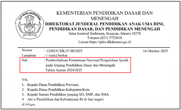 Surat Edaran Penuntasan Pengelolaan Ijazah Tahun Ajaran 2024/2025