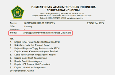 Surat Edaran Percepatan Penyelesaian Disparitas Data ASN Kemenag