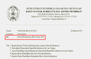 Surat Edaran Perubahan Jadwal TKA Tahun 2025