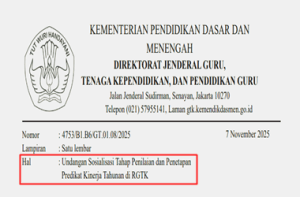 Undangan Sosialisasi Tahap Penilaian dan Penetapan Predikat Kinerja Tahunan di Ruang GTK