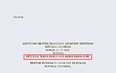 Kepmendikdasmen Nomor 221/P/2025 tentang Juknis Pemenuhan Beban Kerja Guru