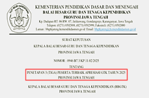 SK Penetapan 3 Peserta Terbaik Aprasiasi GTK 2025 Provinsi Jawa Tengah