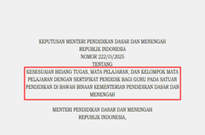 KepMendikdasmen Nomor 222/O/2025 tentang Kesesuaian Bidang Tugas, Mata Pelajaran, dan Kelompok Mata Pelajaran Dengan Sertifikat Pendidik