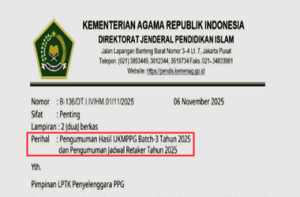 Surat Edaran Pengumuman Hasil UKMPPG Batch 3 Tahun 2025 Kemenag dan Jadwal Ujian Ulang