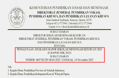 Surat Edaran Penggunaan Aplikasi e-Rapor SMK 2025