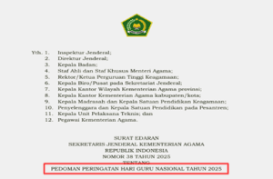 SE Sesjen Kemenag Nomor 38 Tahun 2025 tentang Pedoman Peringatan Hari Guru Nasional 2025