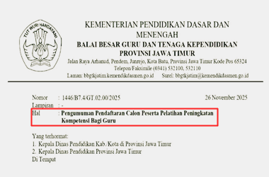 Surat Edaran Pendaftaran Calon Peserta Pelatihan Peningkatan Kompetensi Guru