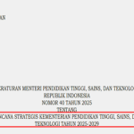 Permendiktisaintek Nomor 40 Tahun 2025 tentang Renstra Kemendiktisaintek Tahun 2025-2029