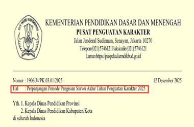 Surat Edaran Perpanjangan Periode Pengisian Survei Akhir Tahun Penguatan Karakter 2025 per 12 Desember