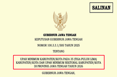 SK Gubernur Jawa Tengah Nomor 100.3.3.1/505 Tahun 2025 tentang UMK Jawa Tengah Tahun 2026