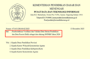 Surat Edaran Pemberitahuan Verval Data Dukung SNPMB 2026