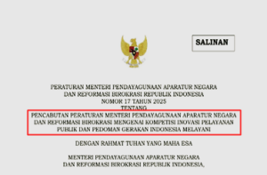 Permen PANRB Nomor 17 Tahun 2025 tentang Pencabutan Permen PANRB Mengenai Kompetisi Inovasi Pelayanan dan Pedoman Gerakan Indonesia Melayani.