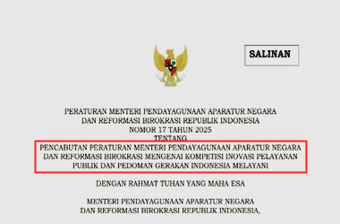 Permen PANRB Nomor 17 Tahun 2025 tentang Pencabutan Permen PANRB Mengenai Kompetisi Inovasi Pelayanan dan Pedoman Gerakan Indonesia Melayani.