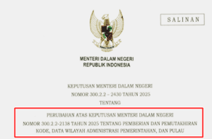 Kepmendagri Nomor 300.2.2-2430 Tahun 2025 tentang Pemberian dan Pemutakhiran Kode, Data Wilayah Administrasi Pemerintahan, dan Pulau