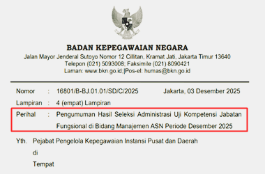 Pengumuman Hasil Seleksi Administrasi Uji Kompetensi JF di Bidang Manajemen ASN Periode Desember 2025