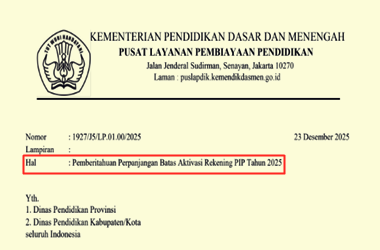 Surat Edaran Pemberitahuan Perpanjangan Batas Aktivasi Rekening PIP Tahun 2025