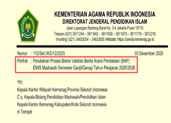 Surat Edaran Perubahan Proses Bisnis Validasi BAP EMIS Madrasah TA 2025/2026