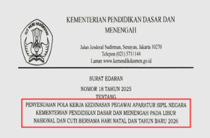 Surat Edaran Penyesuaian Pola Kerja Kedinasan ASN Kemendikdasmen pada Libur Nasional dan Cuti Bersama Natal dan Tahun Baru 2026