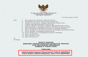 SE Menteri PANRB tentang Pelayanan Publik Esensial Masa Libur Nasional dan Cuti Bersama