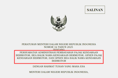 Permendagri Nomor 16 Tahun 2025 tentang Persyaratan Administrasi Pembayaran PKB, BBNKB, Opsen PKB, dan Opsen BBNKB