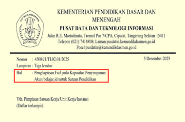 Surat Edaran Penghapusan Fail pada Kapasitas Penyimpanan Akun belajar.id untuk Satuan Pendidikan