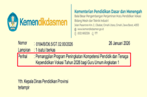 Pengumuman Pemanggilan Program Peningkatan Kompetensi Pendidik dan Pendidikan Vokasi Tahun 2026 Bagi Guru Umum Angkatan 1