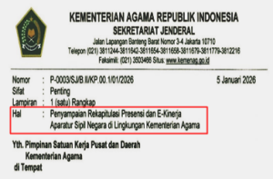 Surat Edaran Penyampaian Rekapitulasi Presensi dan e-Kinerja ASN Kemenag