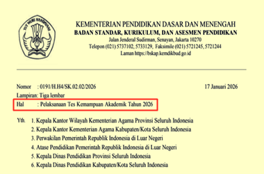 Surat Edaran Pelaksanaan TKA SD SMP Tahun 2026 (per 17 Januari 2026)