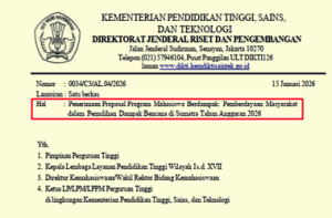 Surat Edaran Penerimaan Proposal Program Mahasiswa Berdampak: Pemberdayaan Masyarakat dalam Pemulihan Dampak Bencana di Sumatra TA 2026