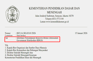 Surat Edaran Informasi Penyampaian Beasiswa Brunei Darussalam Government Scholarship (BDGS)