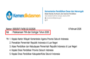 Surat Edaran Pelaksanaan TKA dan Sulingjar Tahun 2026