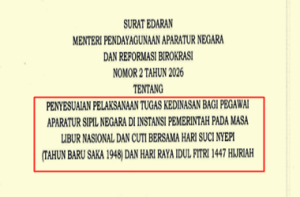 SE Menteri PANRB Nomor 2 Tahun 2026 tentang Penyesuaian Tugas Pegawai ASN pada Masa Libur Nasi0nal dan Cuti Bersama Hari Suci Nyepi dan Hari Raya Idul Fitri 2026