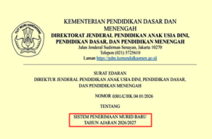SE Dirjen PAUD Dikdasmen Nomor 0301/C/HK.04.01/2026 tentang SPMB Tahun Ajaran 2026/2027