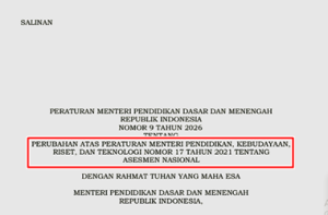 Permendikdasmen Nomor 9 Tahun 2026 tentang Perubahan atas Permendikbudristek Nomor 17 Tahun 2021 tentang Asesmen Nasional