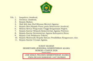 Surat Edaran Jam Kerja Pegawai Kemenag pada Bulan Ramadan 2026