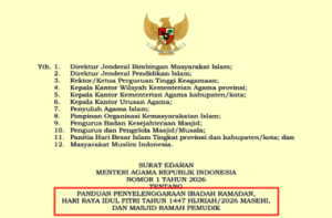 Surat Edaran Menag Nomor 1/2026 tentang Panduan Penyelenggaraan Ibadah Ramadan, Hari Raya Idulfitri 1447 H, dan Masjid Ramah Pemudik
