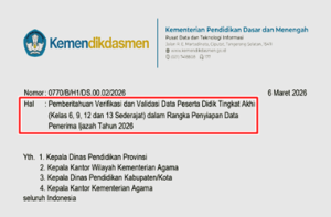 Surat Edaran Pemberitahuan Verval Data Pesdik Tingkat Akhir Untuk Penyiapan Data Penerima Ijazah Tahun 2026
