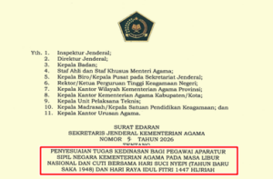 SE Sesjen Kemenag Nomor 5 Tahun 2026 tentang Penyesuaian Tugas ASN Kemenag pada Libur Hari Suci Nyepi dan Idul Fitri 2026