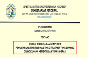 Pengumuman Seleksi Pengisian Jabatan Pimpinan Tinggi Pratama Kementerian Transmigrasi Tahun 2026