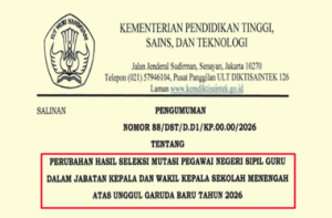 Pengumuman Perubahan Hasil Seleksi Mutasi PNS Guru Dalam Jabatan Kepala dan Waka SMA Unggul Garuda Baru 2026