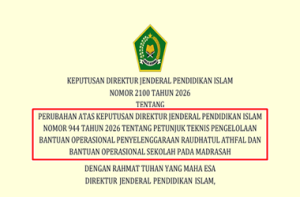 Kepdirjen Pendis Nomor 2100 Tahun 2026 tentang Perubahan Atas Kepdirjen Pendis Nomor  944 Tahun 2026 tentang Juknis Pengelolaan BOP RA dan BOS Madrasah