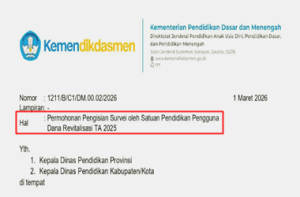 Surat Edaran Permohonan Pengisian Survei oleh Satuan Pendidikan Pengguna Dana Revitalisasi TA 2025