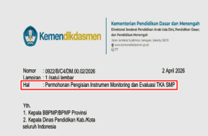Surat Edaran Permohonan Pengisian Instrumen Monitoring dan Evaluasi TKA SMP